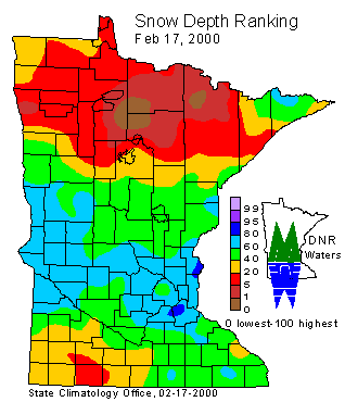 Snow Depth and Snow Depth Ranking Maps for February 17, 2000