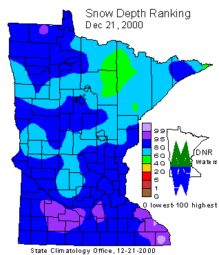 Snow Depth and Snow Depth Ranking Maps for December 21, 2000